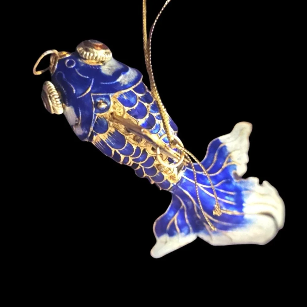 Blue Gold Cloisonne Ornament Figurine 4.5 Inch Beta Fish Design Movement - Picture 2 of 6